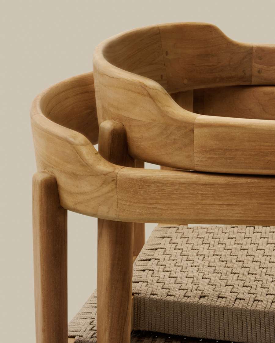 Japandi Stuhl aus Teakholz mit Seilgeflecht in Beige, Stapelbar