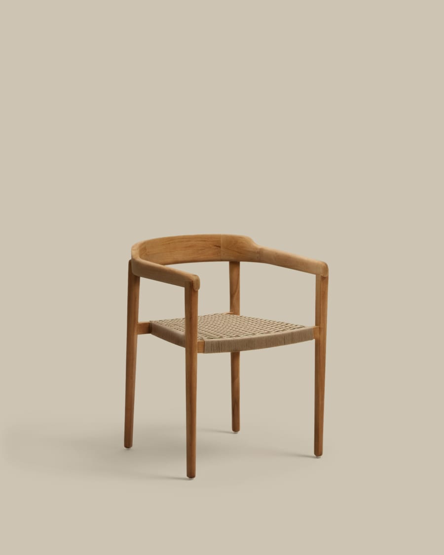 Japandi Stuhl aus Teakholz mit Seilgeflecht in Beige, Stapelbar