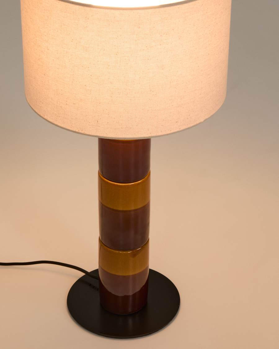 Japandi Tischlampe aus Keramik | Braun & Senfgelb | Baumwollschirm