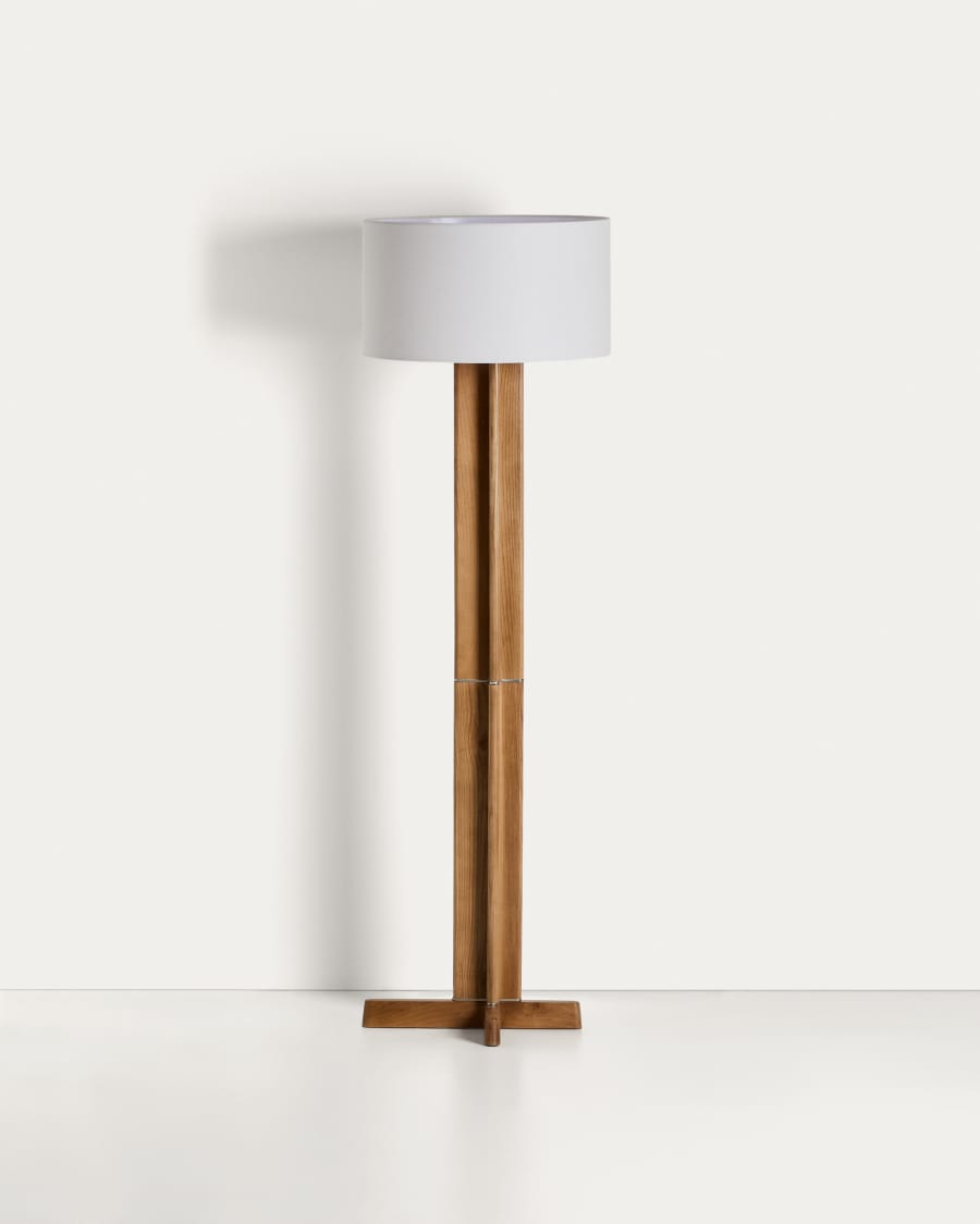 Stehlampe Japandi Kautschukholz Natur mit Baumwollschirm