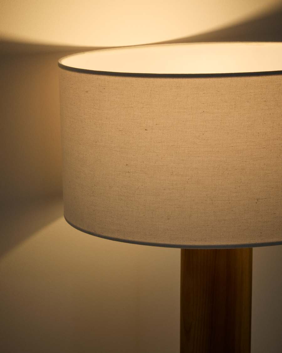 Japandi Tischlampe aus Kautschukholz mit Baumwollschirm 30 cm