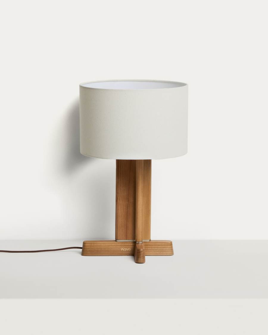 Japandi Tischlampe aus Kautschukholz mit Baumwollschirm 30 cm
