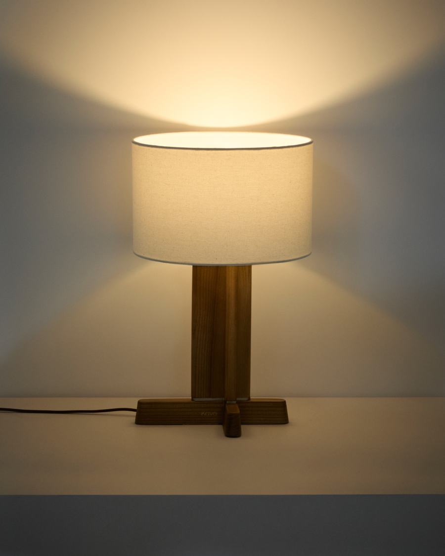 Japandi Tischlampe aus Kautschukholz mit Baumwollschirm 30 cm