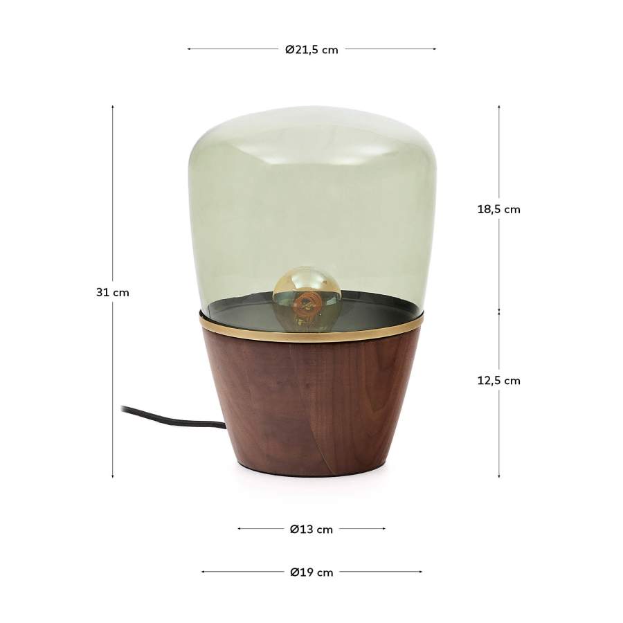 Japandi Tischlampe aus Walnussfurnier und Grünem Glas