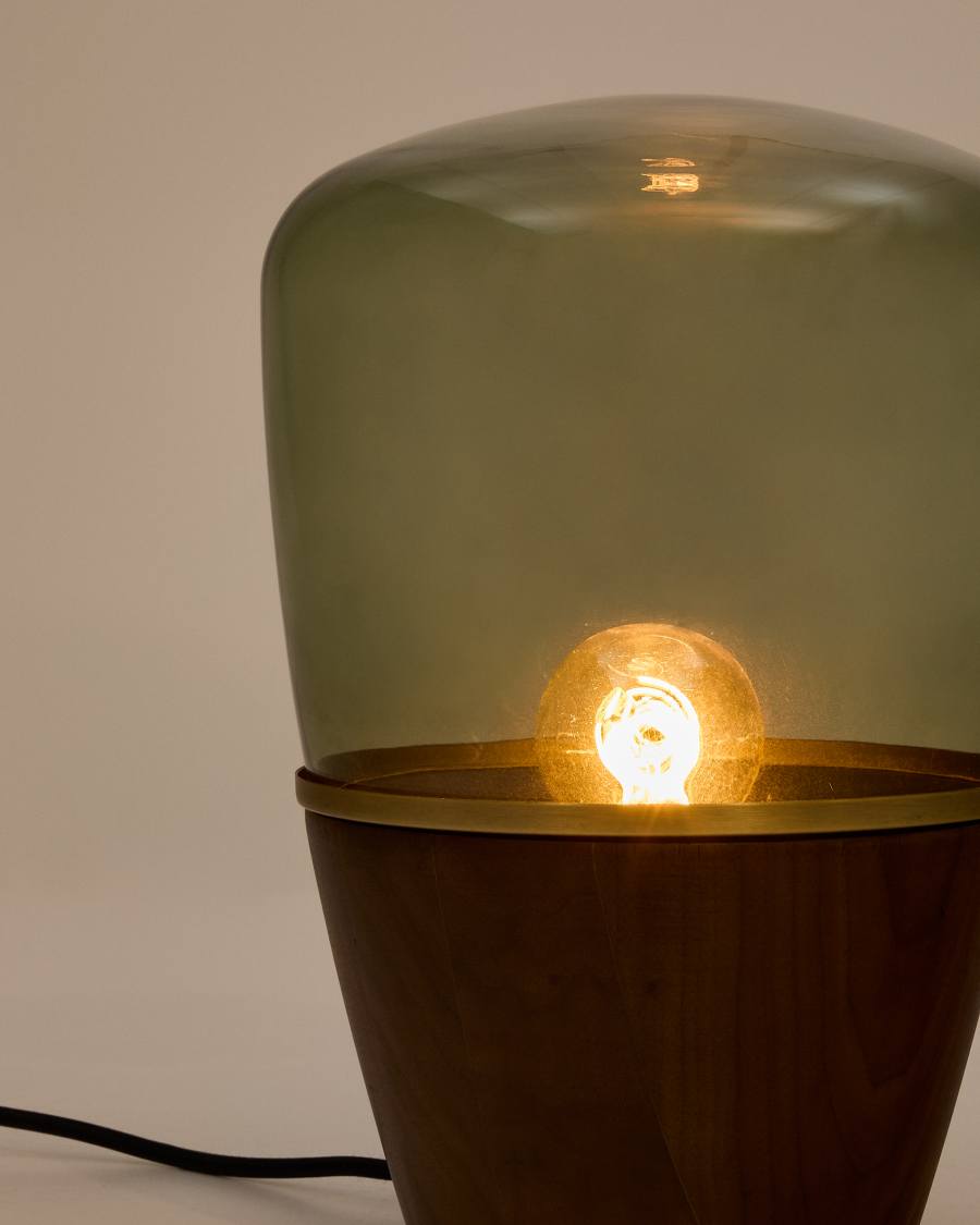 Japandi Tischlampe aus Walnussfurnier und Grünem Glas