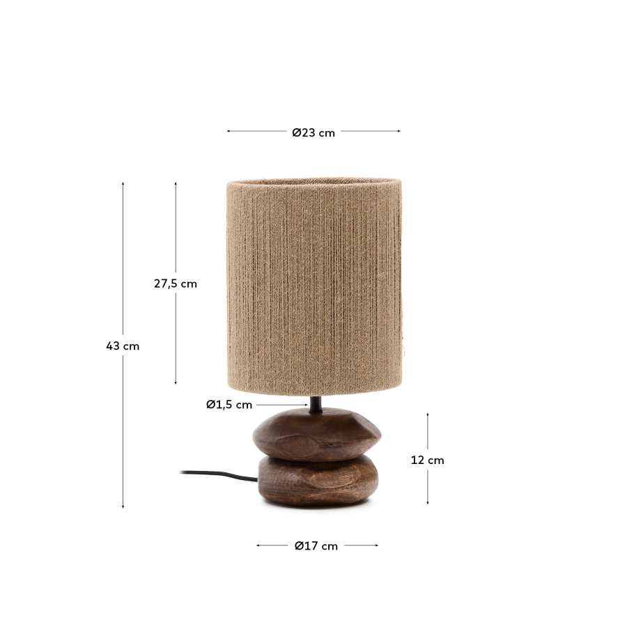 Japandi Tischlampe aus dunklem Akazienholz mit Jute