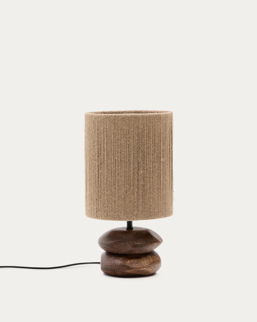 Japandi Tischlampe aus dunklem Akazienholz mit Jute