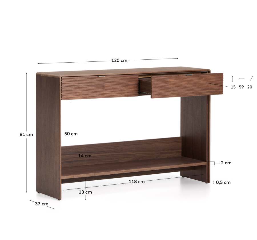 Konsolentisch Japandi Nussbaumfurnier 2 Schubladen 120x81 cm