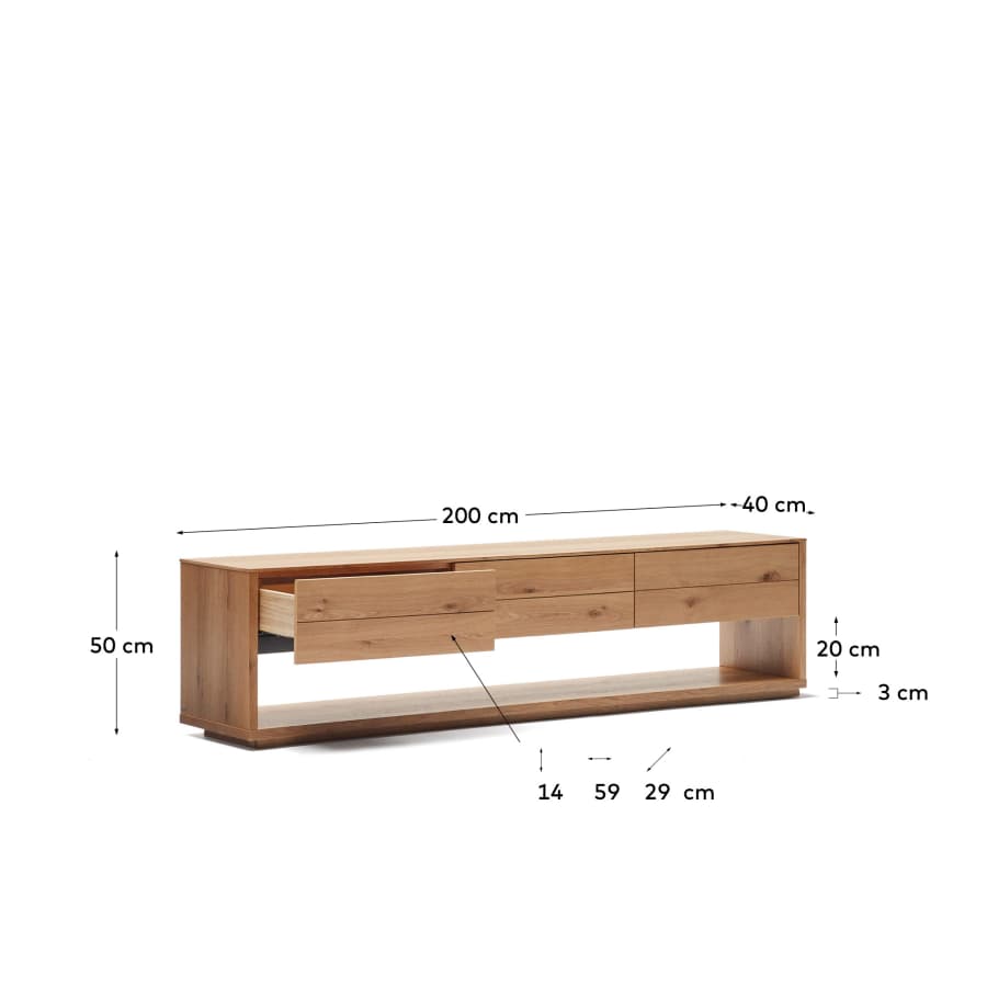 TV-Möbel Japandi Eichenfurnier Natur 3 Schubladen 200x51 cm