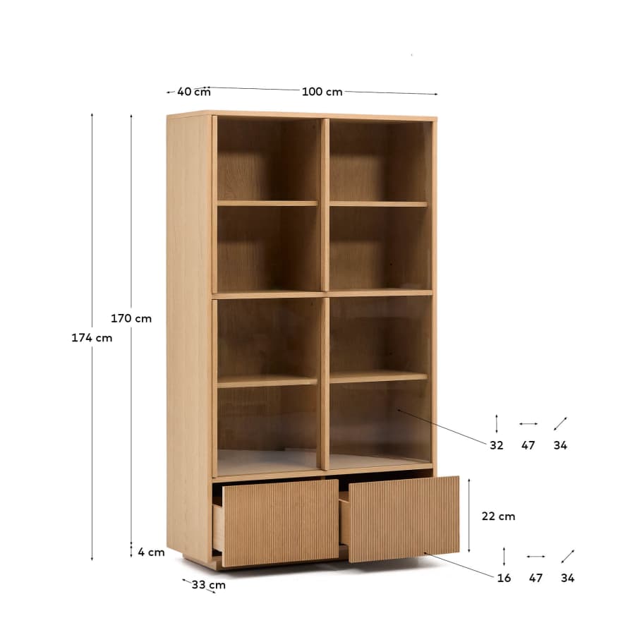 Vitrine Japandi Eichenfurnier Glas 4 Türen 100x174 cm