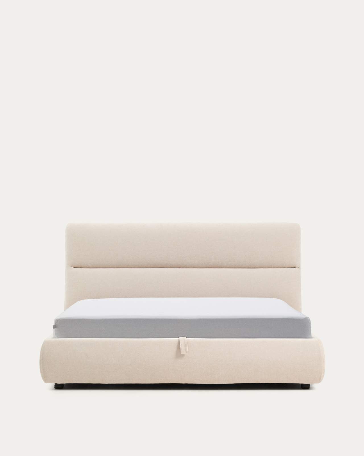 Japandi Bett mit Bettkasten, Chenille-Bezug in Beige, 180 x 200 cm