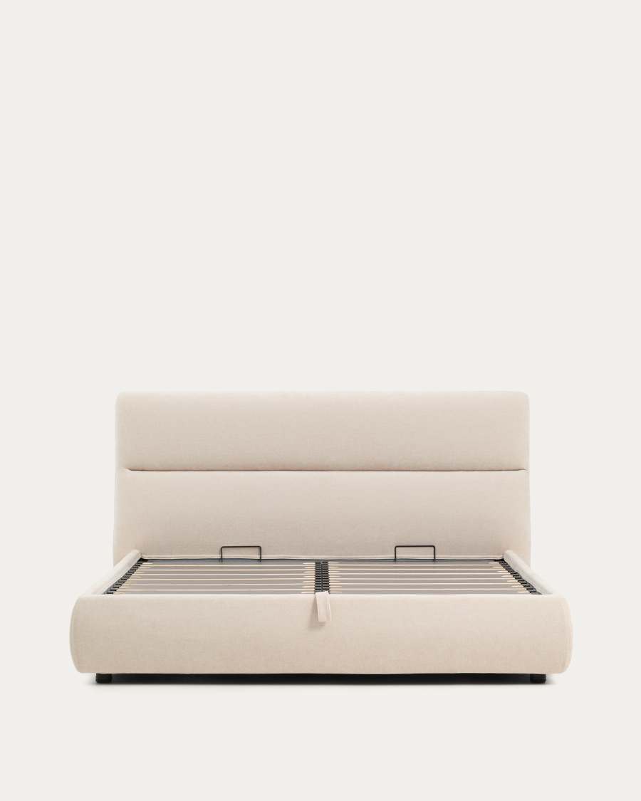 Japandi Bett mit Bettkasten, Chenille-Bezug in Beige, 180 x 200 cm