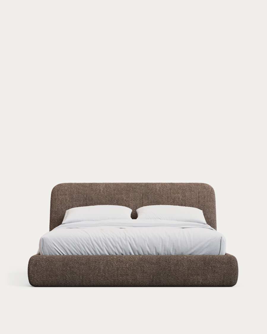 Japandi Bett mit Lammfellimitat in Braun 160x200 cm