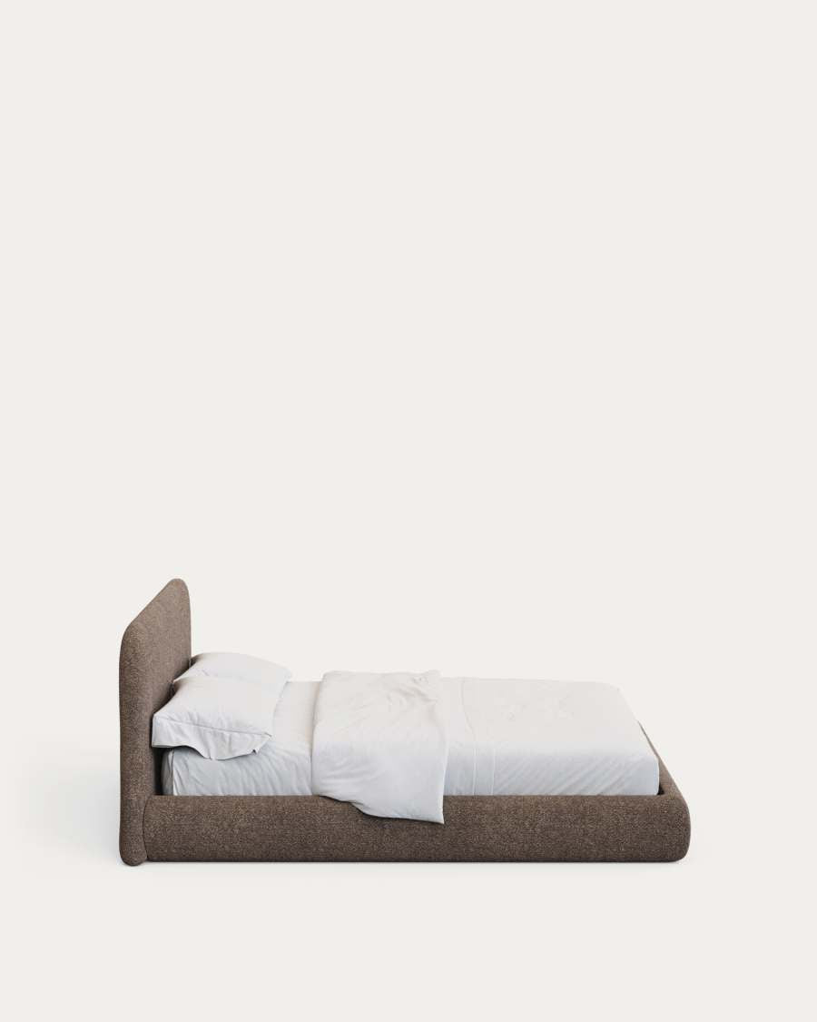 Japandi Bett mit Lammfellimitat in Braun 160x200 cm