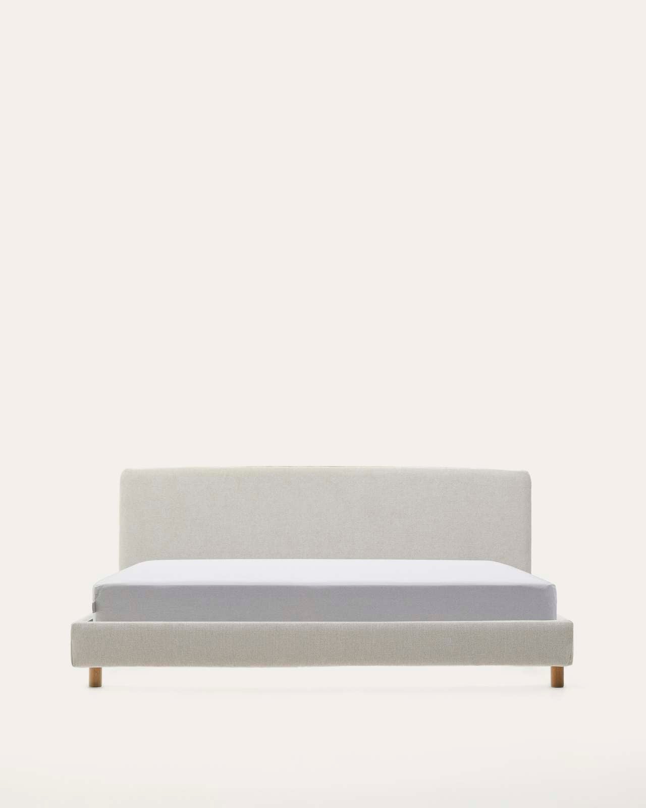 Japandi Bett „Perle" aus Buchenholz – Chenille-Bezug, 180x200 cm