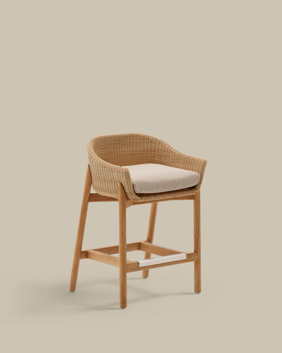 Hocker Japandi Teakholz Rattan 65 cm
