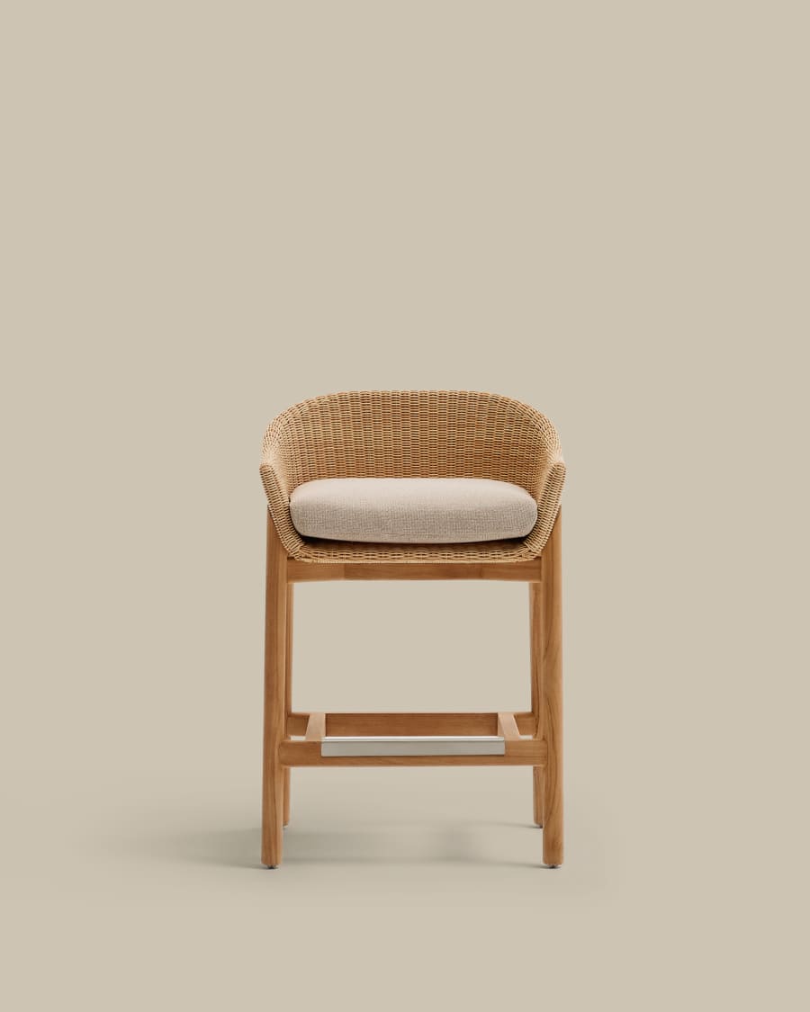 Hocker Japandi Teakholz Rattan 65 cm