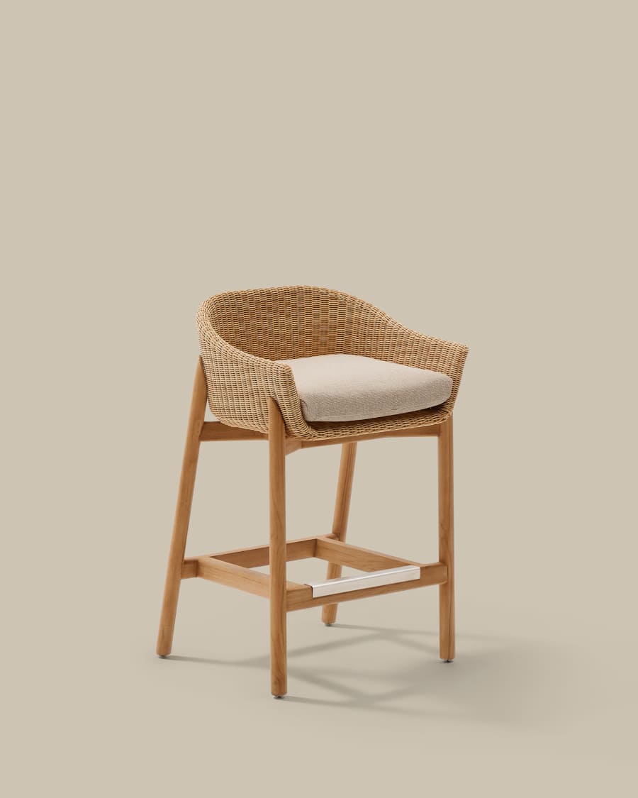 Hocker Japandi Teakholz Rattan 75 cm
