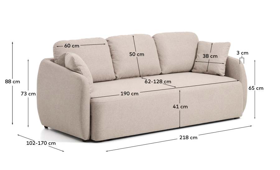 Bettsofa Japandi Beige Chenille 3-Sitzer