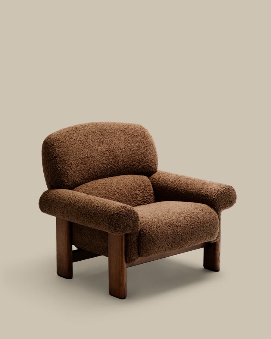 Sessel Japandi Taupe Bouclé Eschenholz Natur