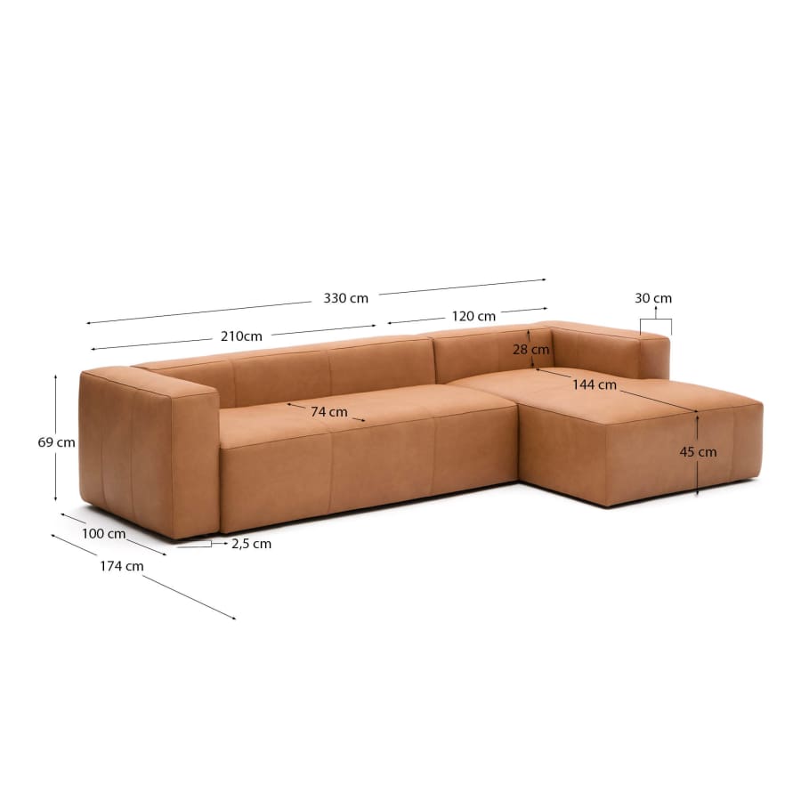 Japandi Sofa mit Chaiselongue Rechts aus Braunem Leder