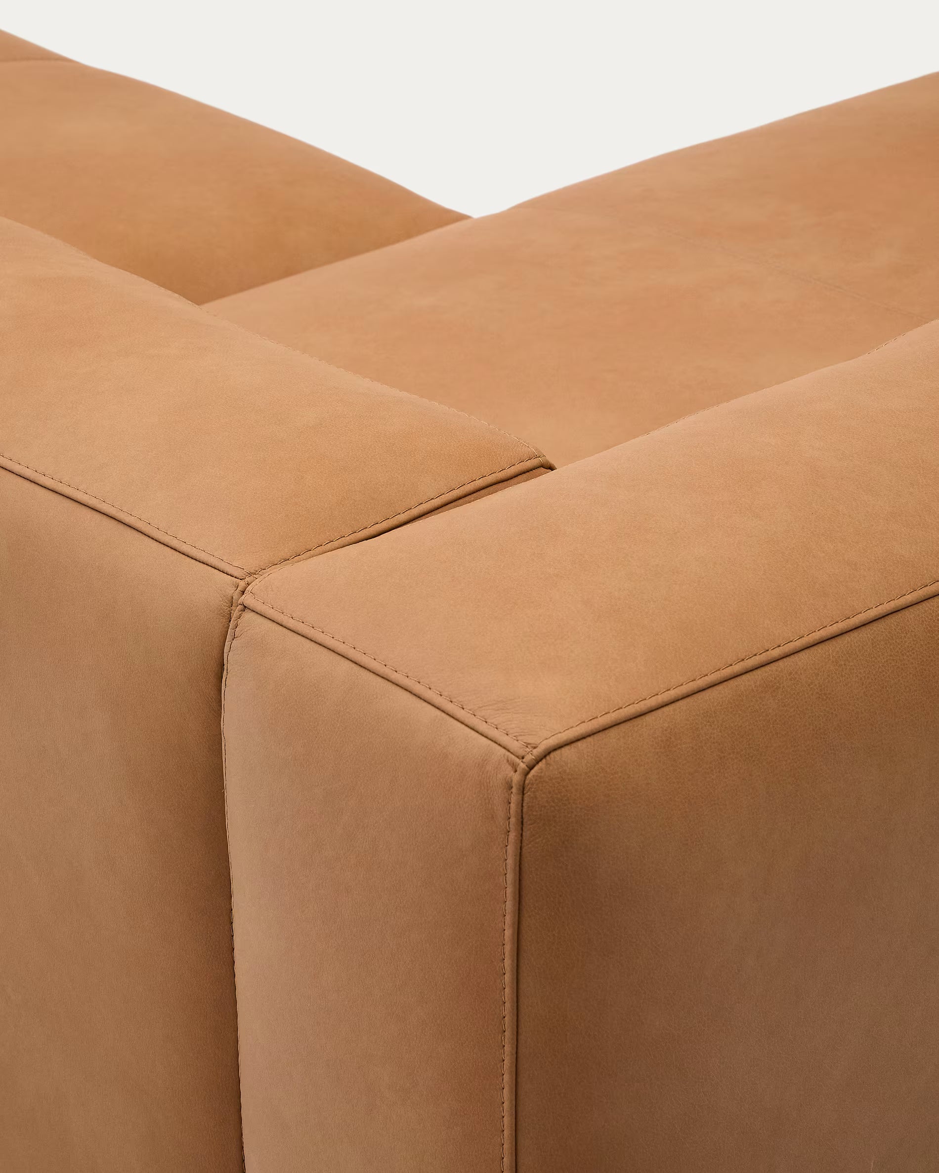 Japandi Sofa mit Chaiselongue Rechts aus Braunem Leder