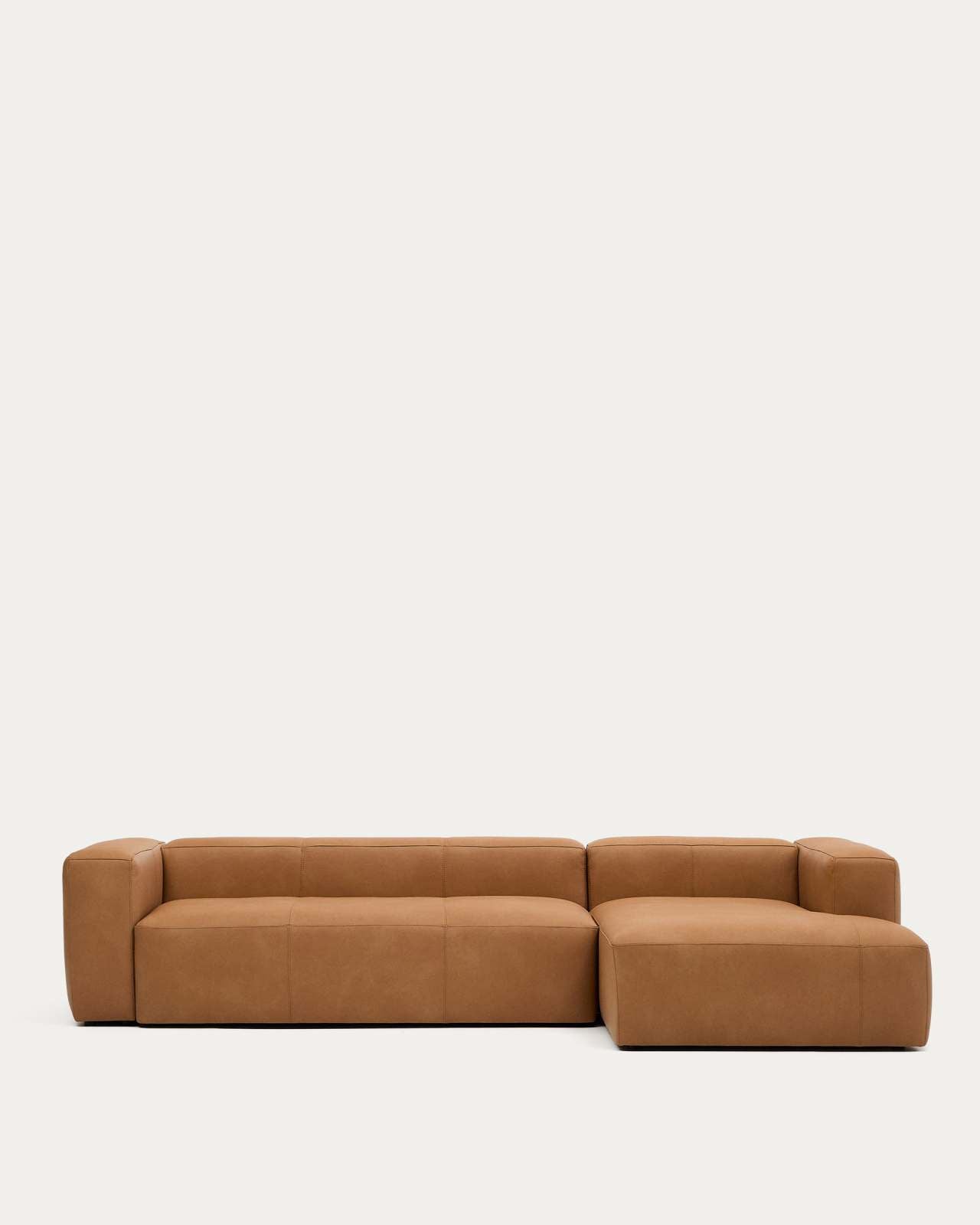 Japandi Sofa mit Chaiselongue Rechts aus Braunem Leder