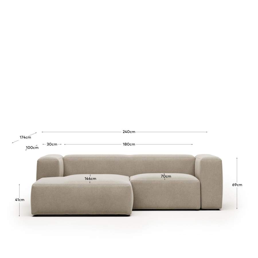 Japandi Sofa mit Récamiere Links, Beige Chenille