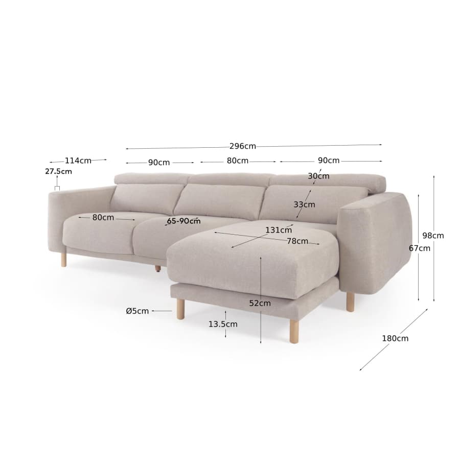 Japandi Sofa mit Récamiere Rechts Beige