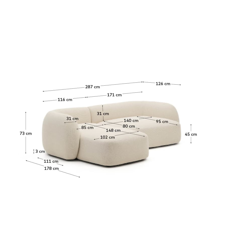Modulares Japandi Sofa Ecru Chenille mit Chaiselongue Links