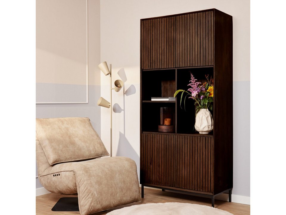Japandi Regal aus Mangoholz mit Lamellentüren