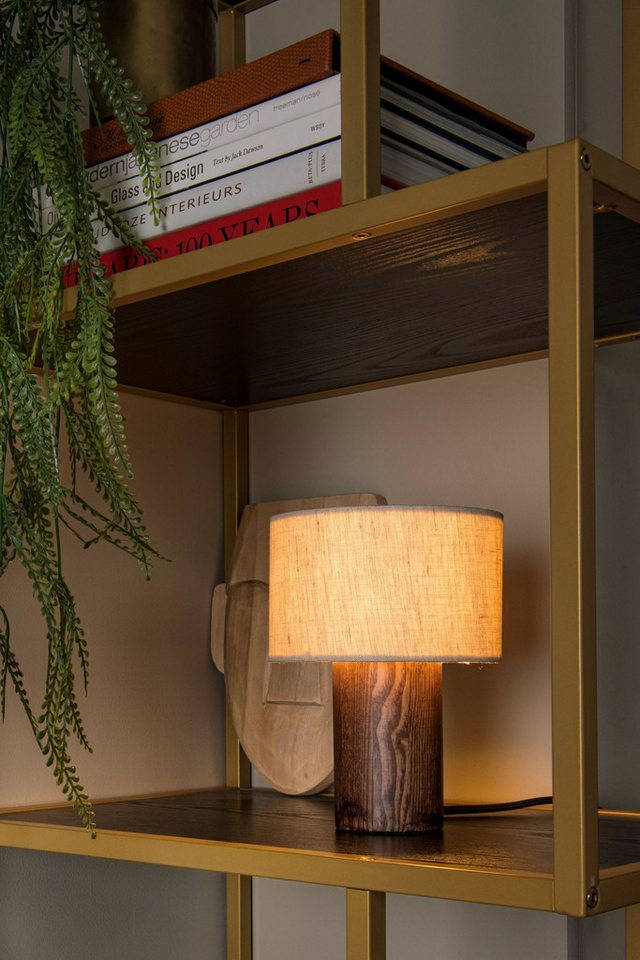 Japandi Nachttischlampe aus Holz und Stoff in Natur Braun