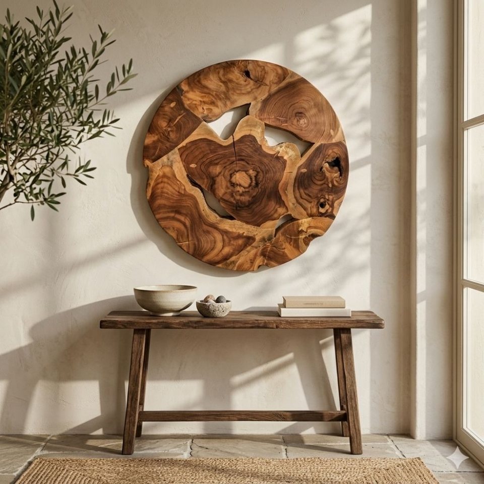 Runde Japandi Wanddeko aus Teakholz
