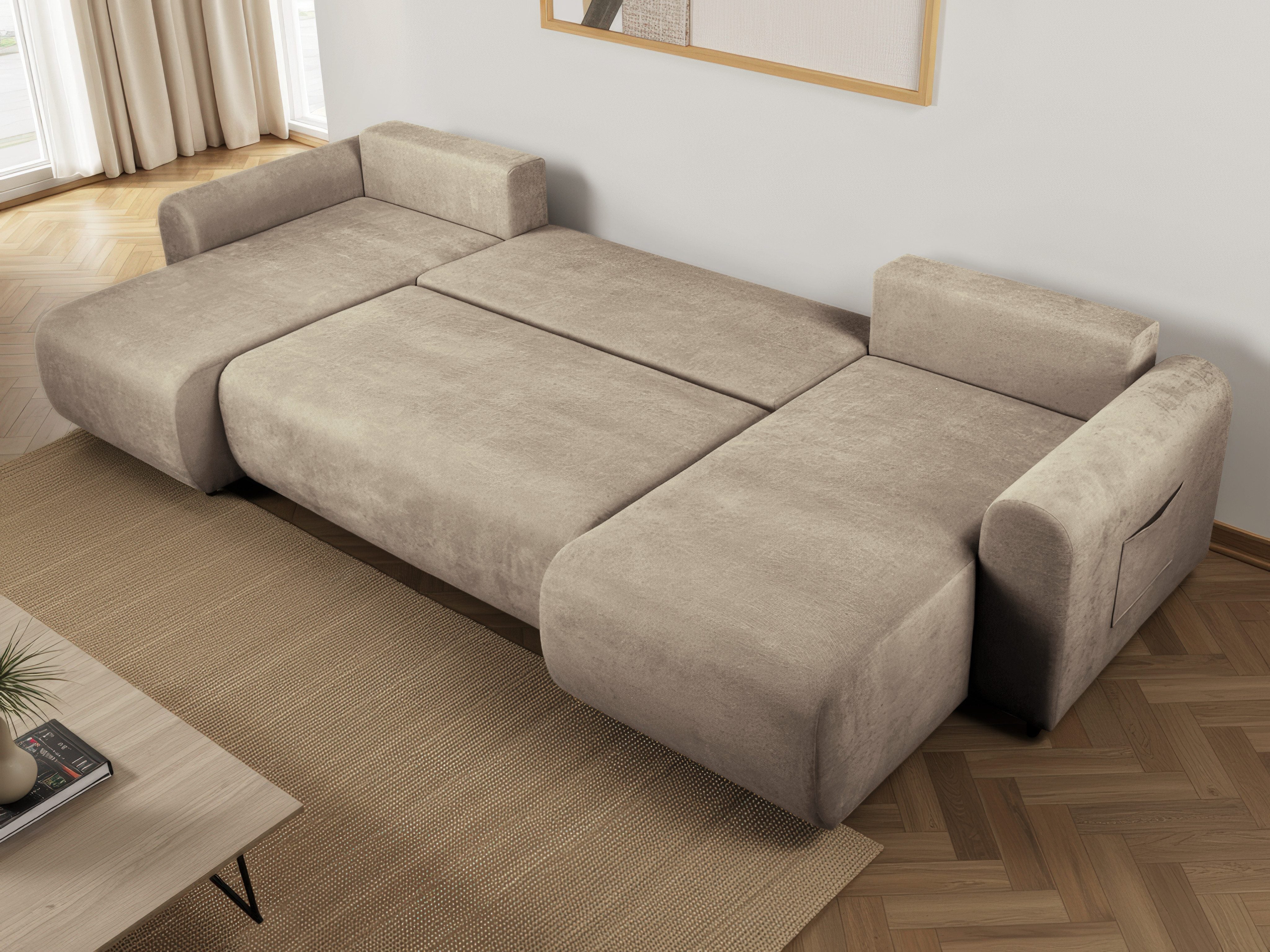 Japandi U-Wohnlandschaft Beige mit Schlaffunktion und Bettkasten
