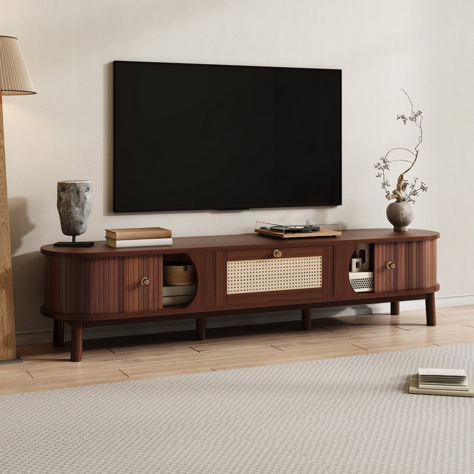 TV-Board Japandi Naturholz mit Rattan-Schubladen