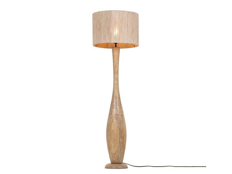 Japandi LED-Stehlampe aus Holz mit geflochtenem Schirm
