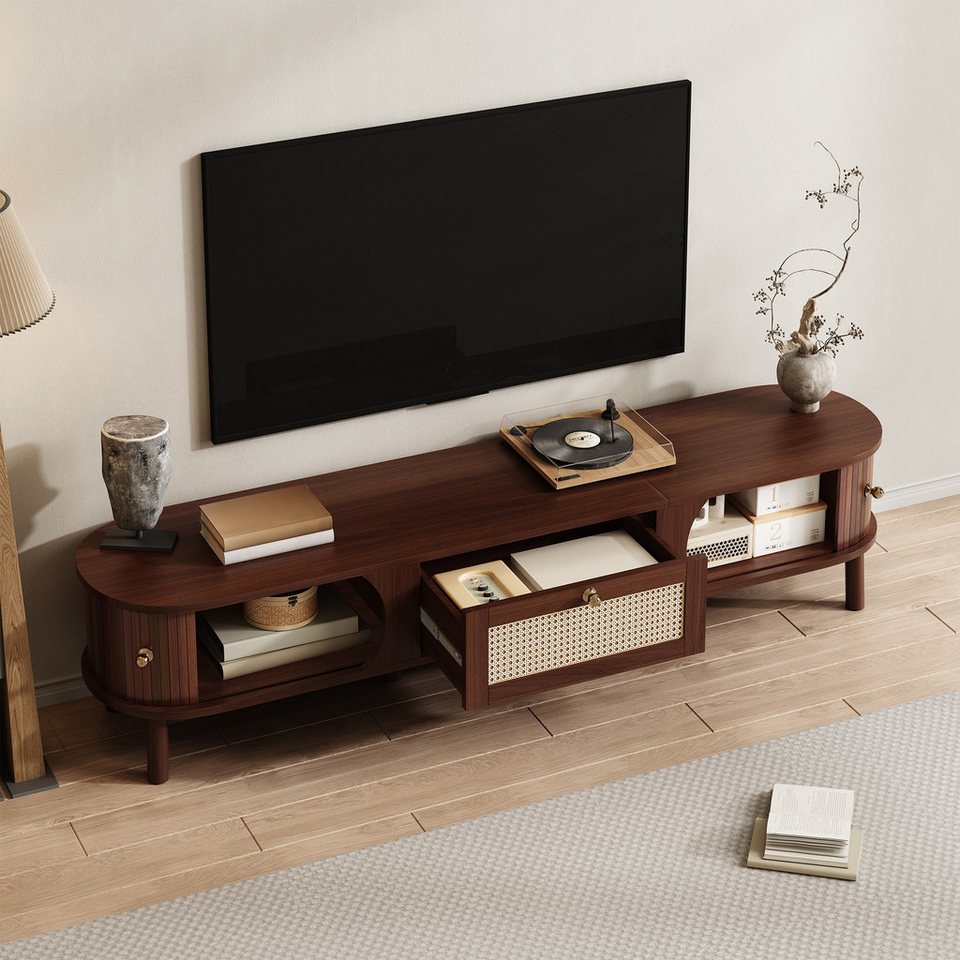TV-Board Japandi Naturholz mit Rattan-Schubladen