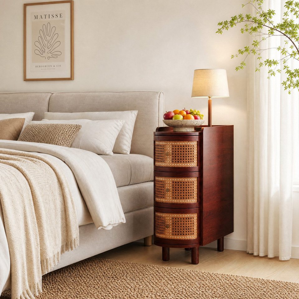 Schmaler Japandi Nachttisch mit Rattanfront