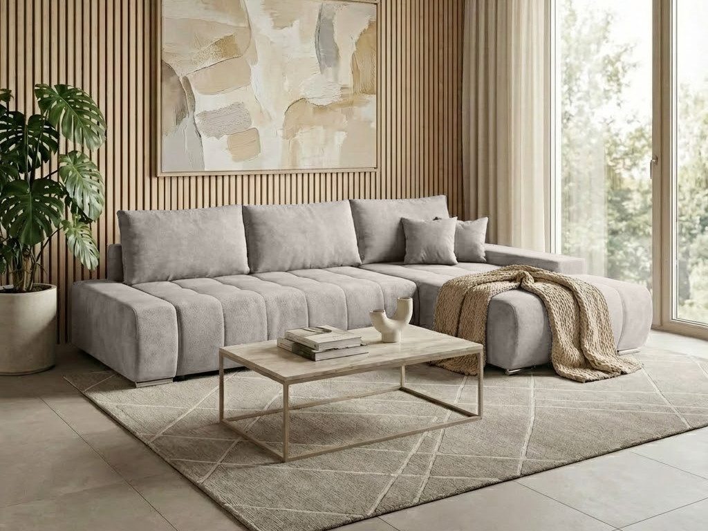 Ecksofa Japandi Hellbeige mit Schlaffunktion und Bettkasten