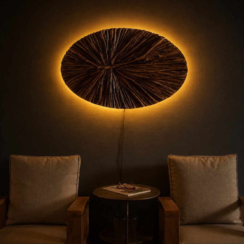 Handgefertigte Japandi LED-Wandleuchte aus Teakholz