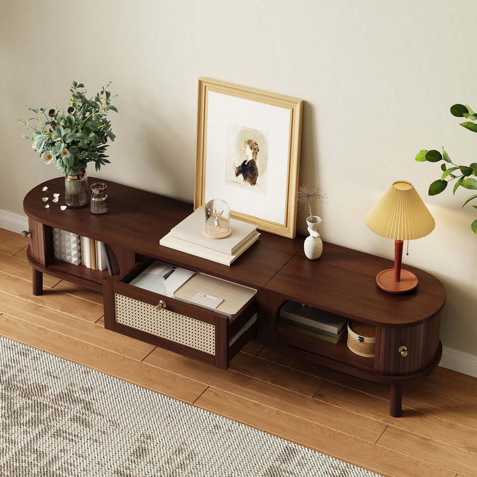 TV-Board Japandi Naturholz mit Rattan-Schubladen