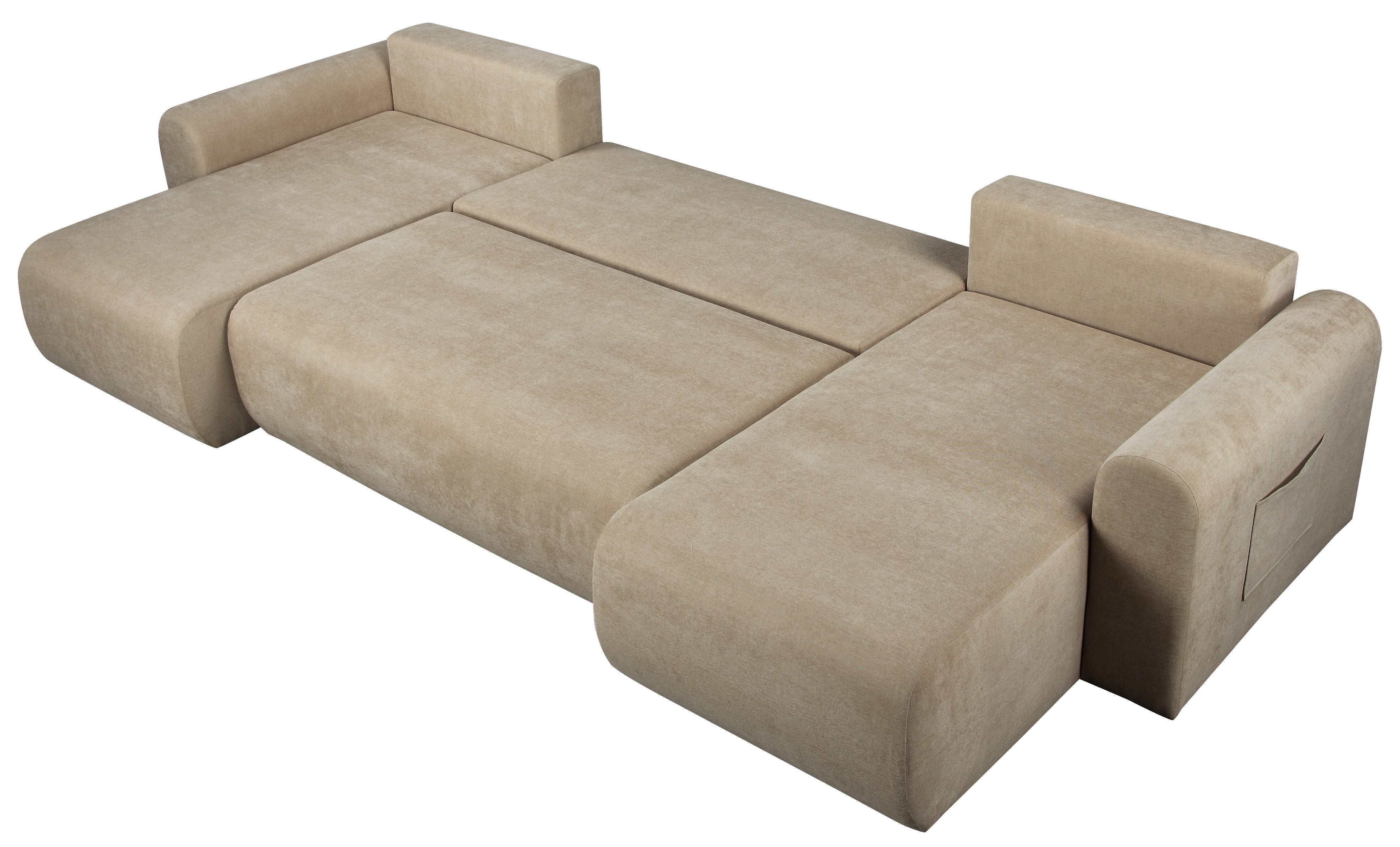 Japandi U-Wohnlandschaft Beige mit Schlaffunktion und Bettkasten