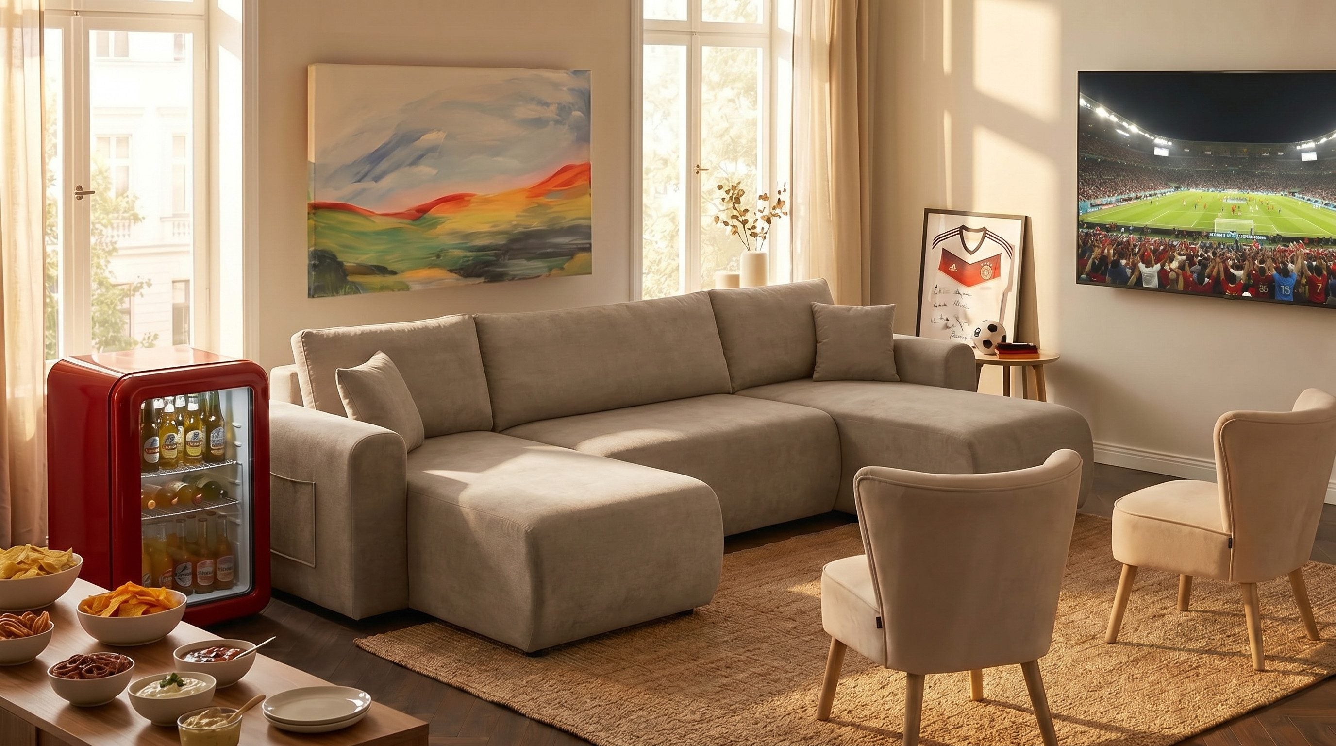 Japandi U-Wohnlandschaft Beige mit Schlaffunktion und Bettkasten