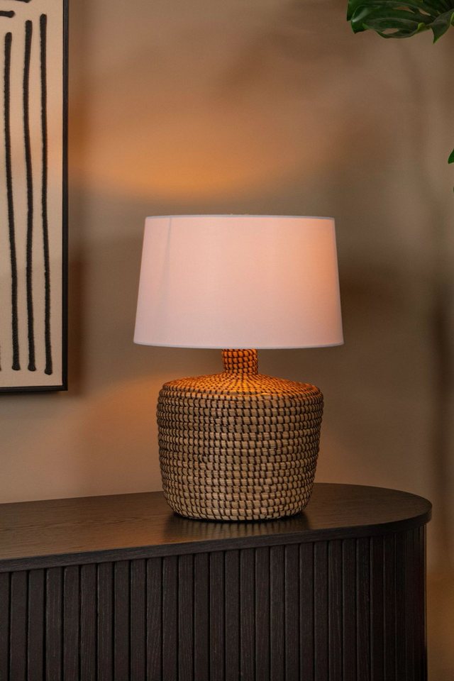 Nachttischlampe Japandi Natur Weiß mit Stoffschirm