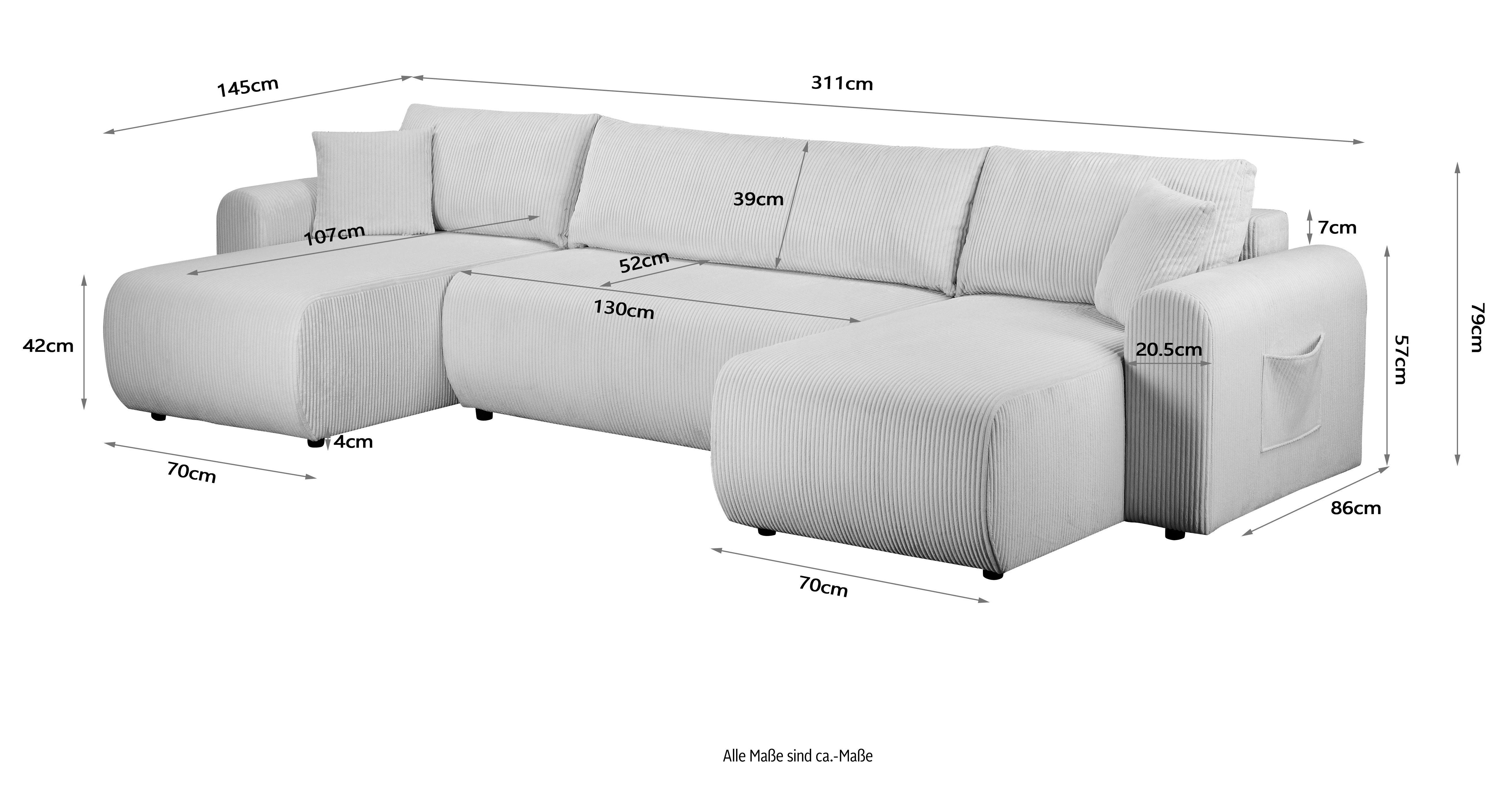 Japandi U-Wohnlandschaft Beige mit Schlaffunktion und Bettkasten