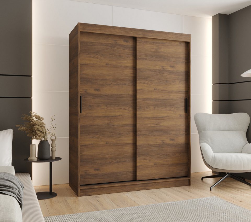 Japandi Schiebetürenschrank mit Kleiderstange und Regalen