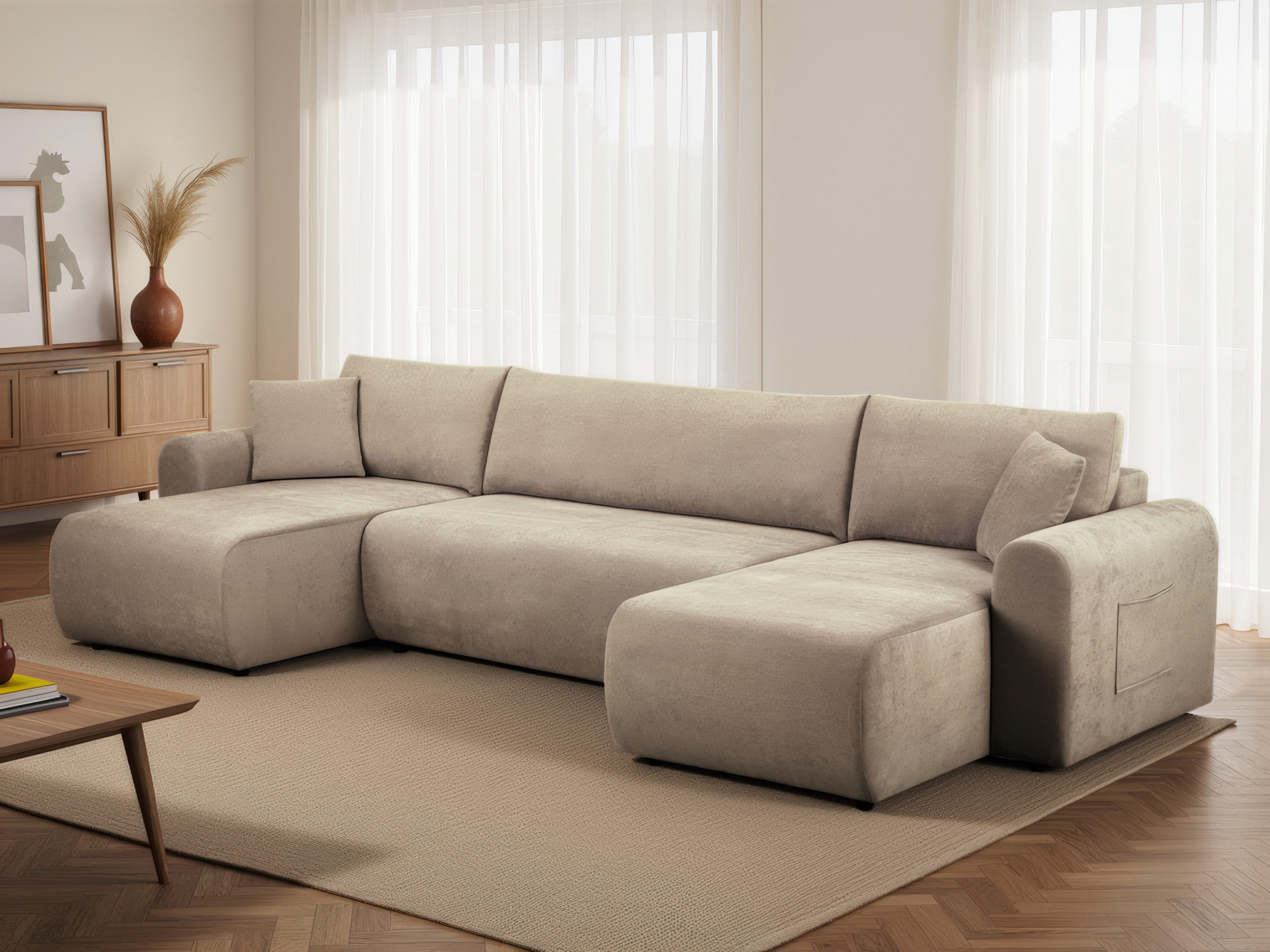 Japandi U-Wohnlandschaft Beige mit Schlaffunktion und Bettkasten