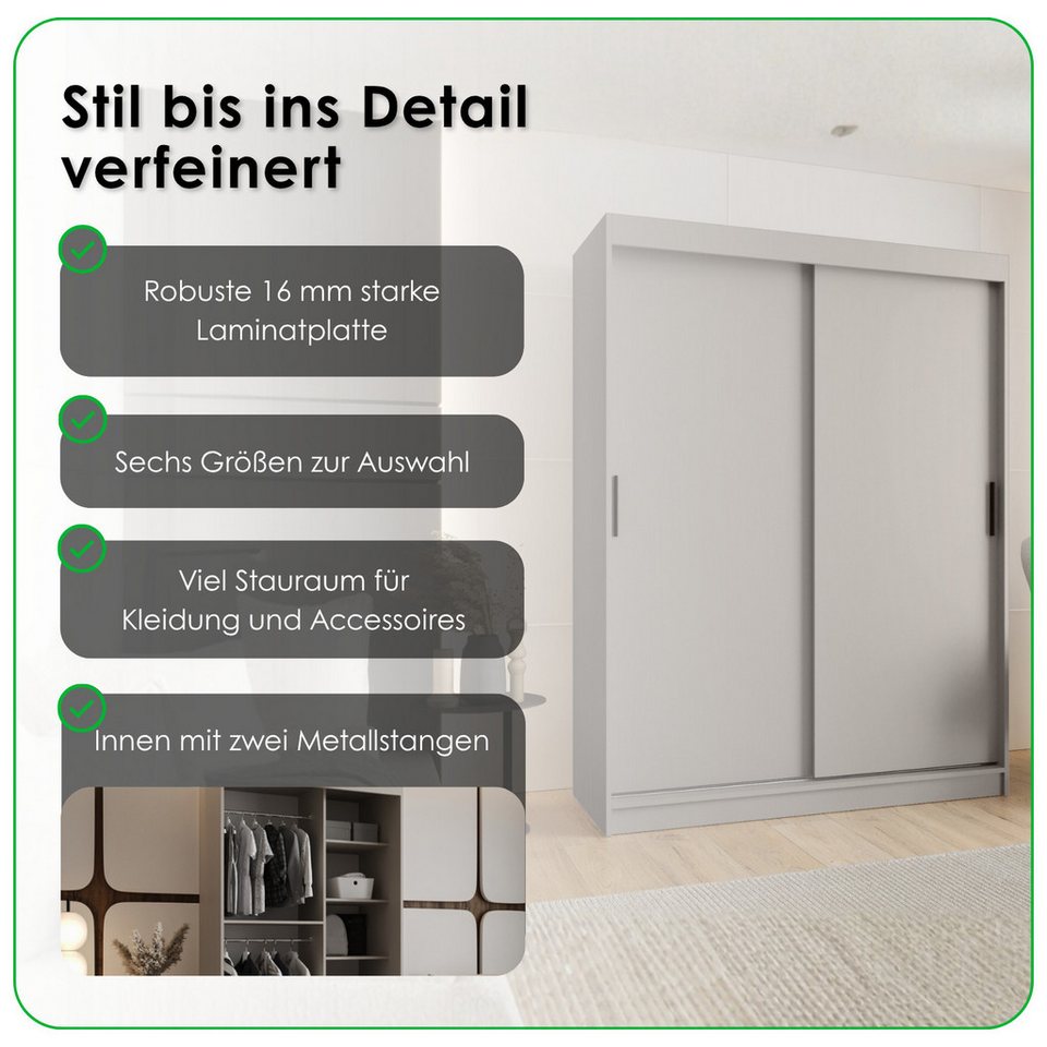 Japandi Schiebetürenschrank mit Kleiderstange und Regalen
