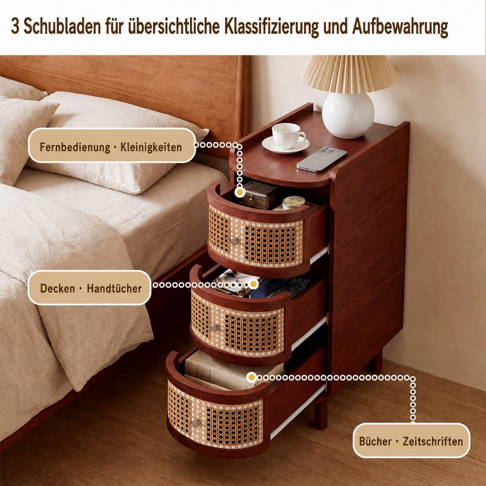 Schmaler Japandi Nachttisch mit Rattanfront