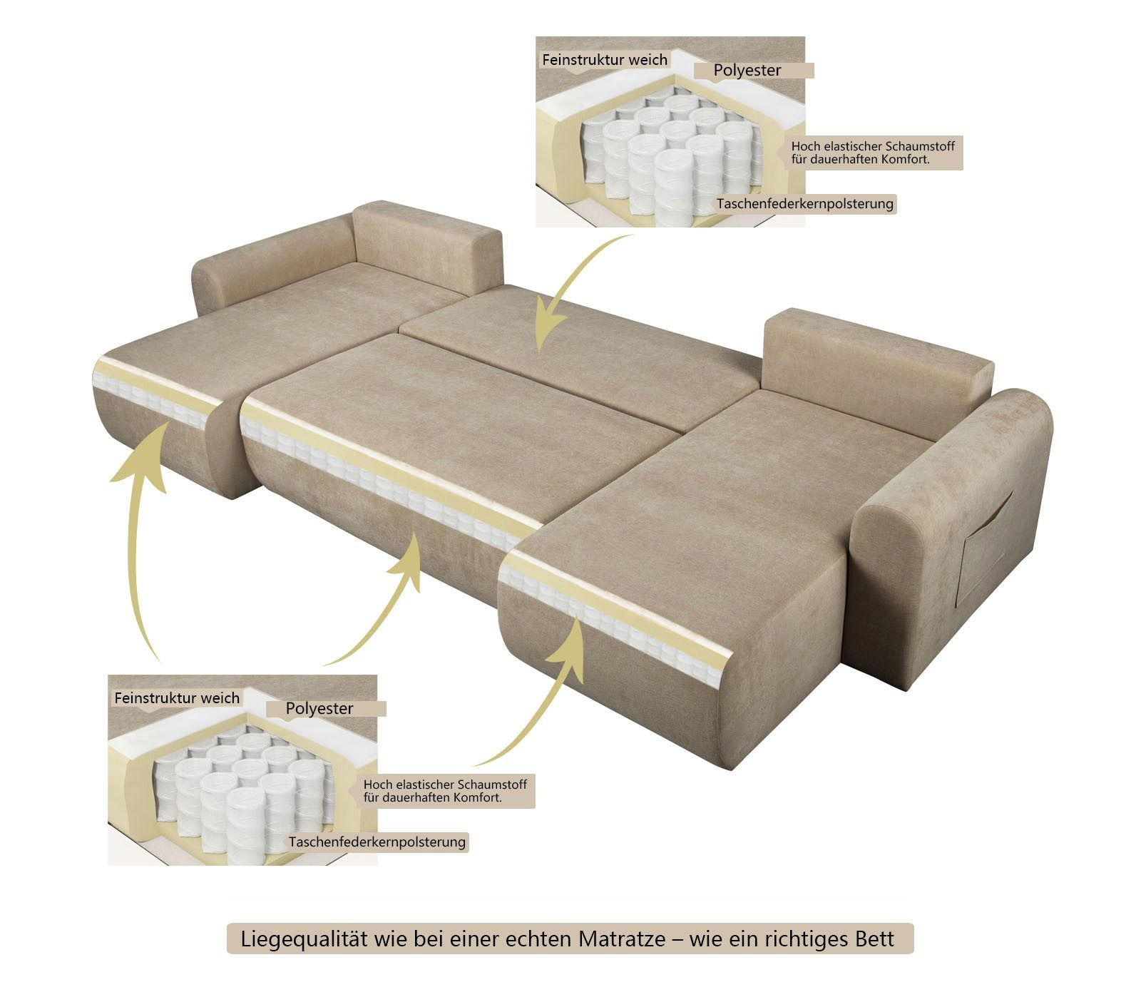 Japandi U-Wohnlandschaft Beige mit Schlaffunktion und Bettkasten